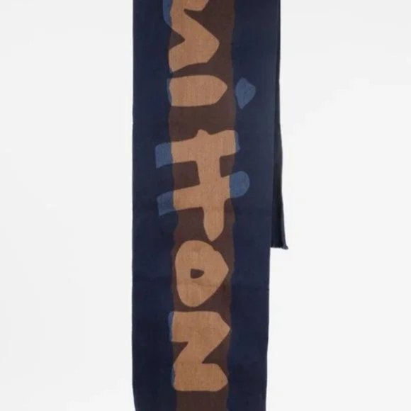 Louis Vuitton Navy Brown Letters Wool Scarf - Picture 5 of 7